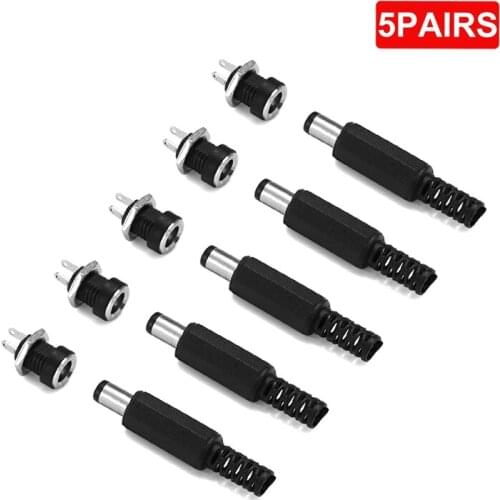 1/5pairs 12V 3A 5.5x2.1mm Plugs DC Connectors DC Power Socket Male Female Jack Screw Nut Panel Mount DC Power Adapter Connector