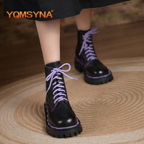 YQMSYNA Fashion Ankle Boots Casual Flat With Colorful Shoelaces Round Toe Boots Convenient Lace-up Genuine Leather Shoes AS351