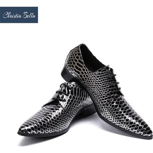 Christia Bella Snake Print Men Shoes Leather Lace Up Oxford Shoes for Men New Spring Autumn Mocassin Homme Dress Party Shoes