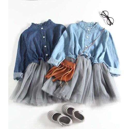 2021 Girls Spring Denim Dresses Summer New Children Round Ruffles Collar Mesh Dress Cotton Lace Toddles Princess Fashion Outfits