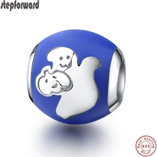 Good Quality Cool Hallowmas Series Jewelry Blue Enamel 925 Real Silver Hallowmas Ghost Pattern Charm Fit Bracelet And Necklace