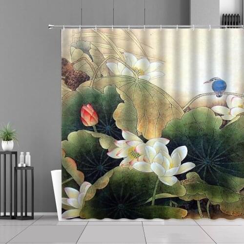 Chinese Ink Painting Lotus Flower Shower Curtain Floral Plant Bird Landscape Waterproof Curtains Retro Home Decor Bathroom Cloth