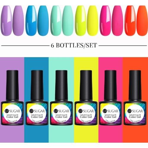 UR SUGAR Gel Nail Kit 6pcs Fluorescent Neon UV Gel Nail Polish Set All For Manicures Need Cured Base Top Coat Nail Varnish Set