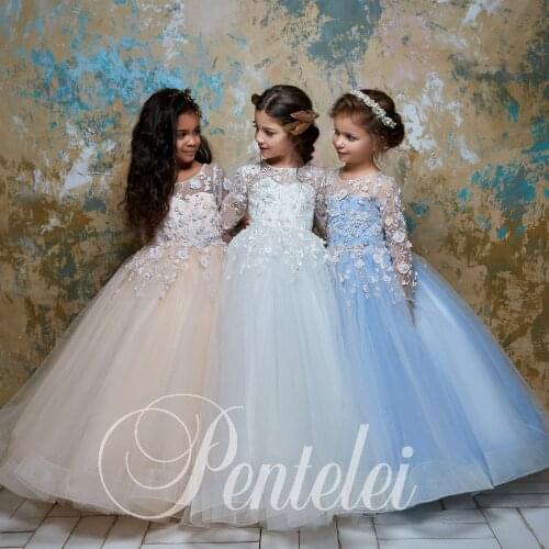 Cute Flower Girl Dresses for Wedding Lace 3D Floral Appliqued Girls Birthday Party Gowns Long Sleeve First Communion Dress
