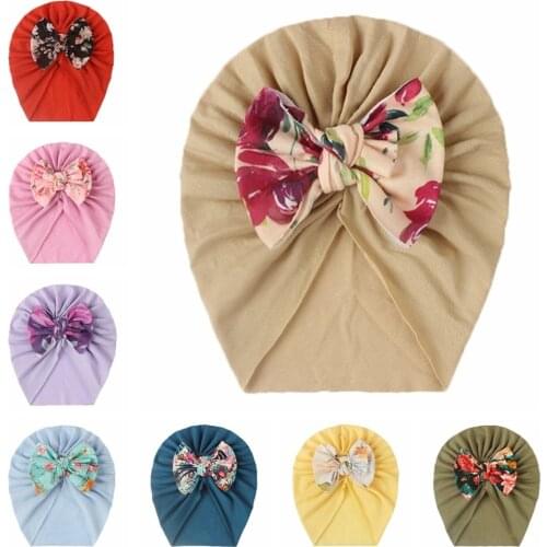 Fashion Print Bowknot Baby Girls Turban Hat Soft Comfortable Infant Caps Cute Bows Headwear Clothing Decoration Birthday Gifts