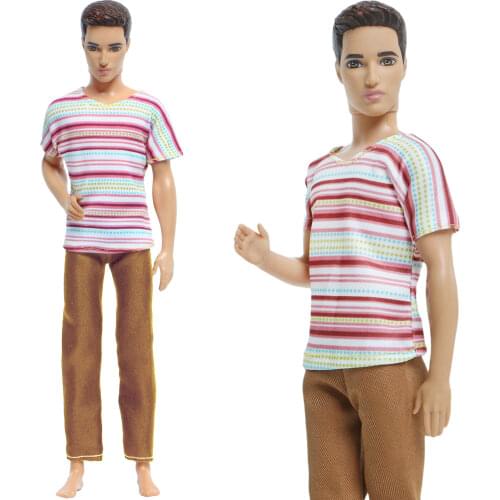 Handmade Mens Doll Outfit Striped Short Sleeve Daily Wear Tops Trousers Shirt Clothes for Ken Doll Accessories Kids Boy Toy