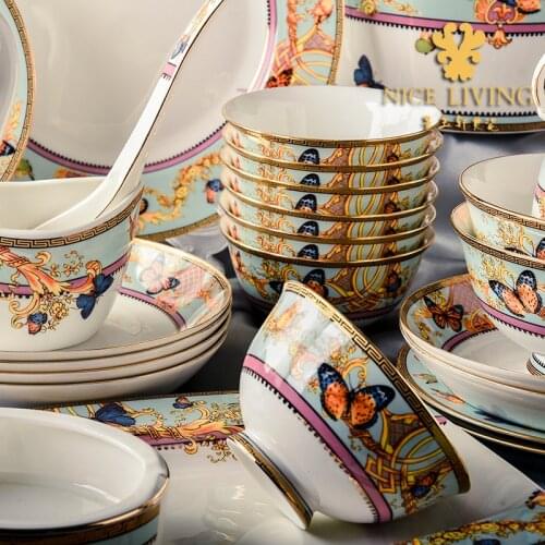 Guci Jingdezhen high-grade bone china tableware set European bowl, plate and dish luxury hand inlaid gold gift Butterfly