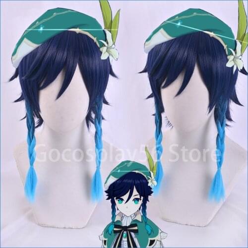 Venti Wig Genshin Impact Cosplay Gradient Blue Long Twin Braids Braided Heat Resistant Hair Women Halloween Role Play