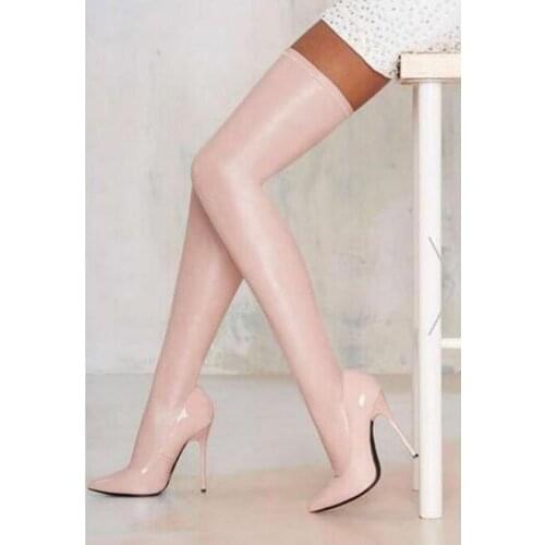 Sexy Women Over Knee Bandage Stretch Long Boots Stiletto Heel Pointed Toe Thigh High Winter Boots Pink Patent Leathe Dress Shoes
