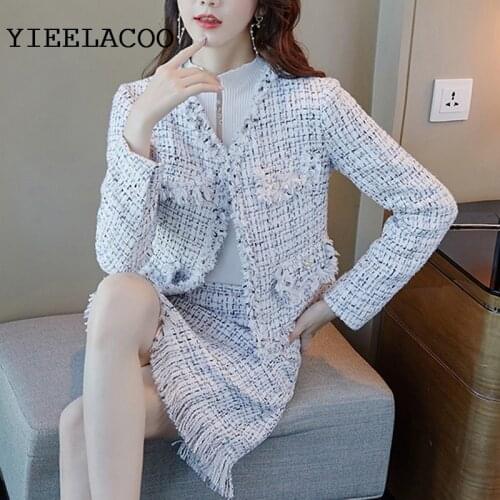 Blue Plaid Professional suit tweed jacket + skirt suit Autumn / Winter womens jacket Business ladies 2 piece Elegant Skirt Set