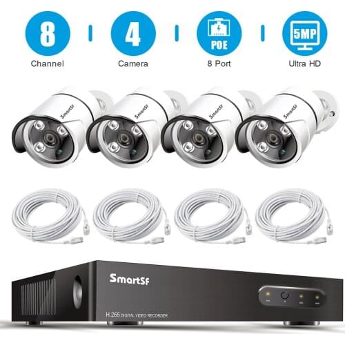 SmartSF 5MP Wired NVR POE Security Camera System 5MP IP66 Outdoor IR-CUT CCTV Canera Video Surveillance Video Recorder Kit