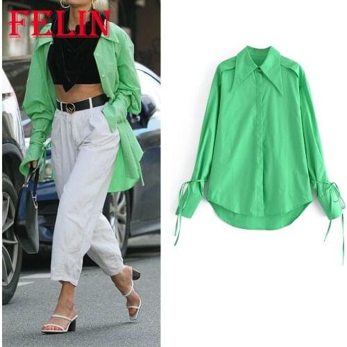 Za 2021 Oversized Long Green Women Shirts Single Button Bow Tie Autumn Blouses Fashion Elegant Mujer Tops