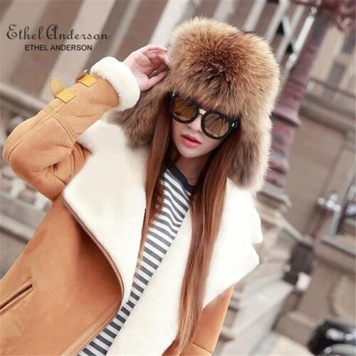 ETHEL ANDERSON Womens Real fox fur Sheepskin leather Russian Ushanka/Cossack Trapper Hat Good Shaped Warmer Earcuff Style