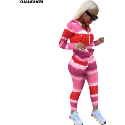 XUANSHOW Joggers Women Clothes Autumn Tie-dye Long-sleeved Hooded Jacket Coat+Long Pant Sportswear Two-piece Set Jogging Femme