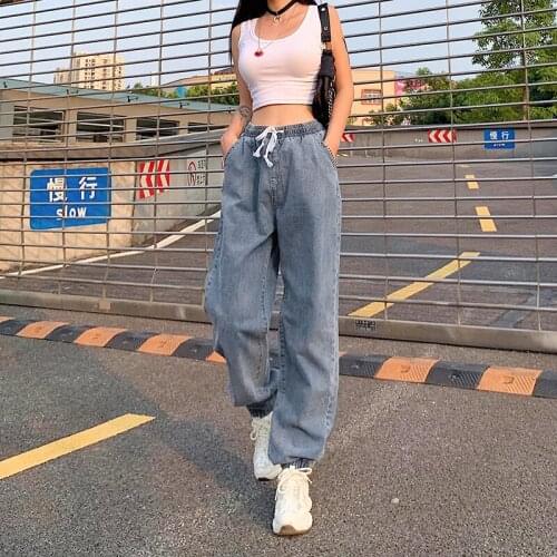 Summer Street Trend High-waist Lace-up Womens Jeans Loose-fitting Pockets Light Blue All-match FashionTrousers Fall -40