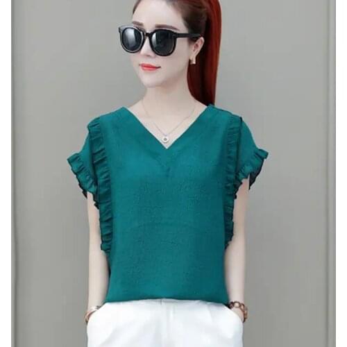 Women Spring Summer Style Chiffon Blouses Shirts Lady Casual V-Neck Short Ruffles Sleeve Purple Blusas Tops ZZ0295