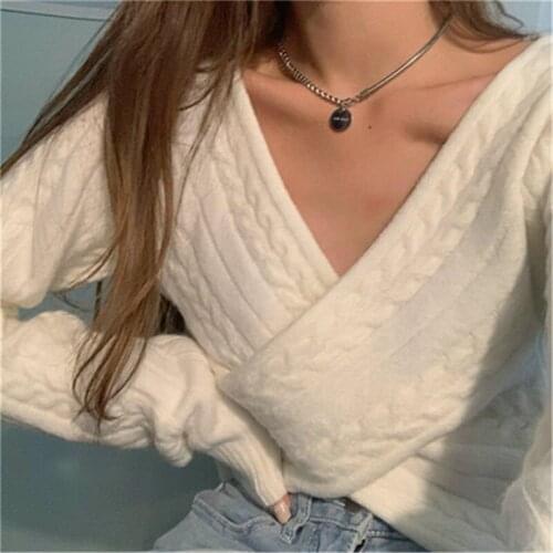 Women Casual Temperament Twist Sweater 2020 Korean Style Casual Solid Cross V-neck Long Sleeve Short Knit Top Winter Clothes
