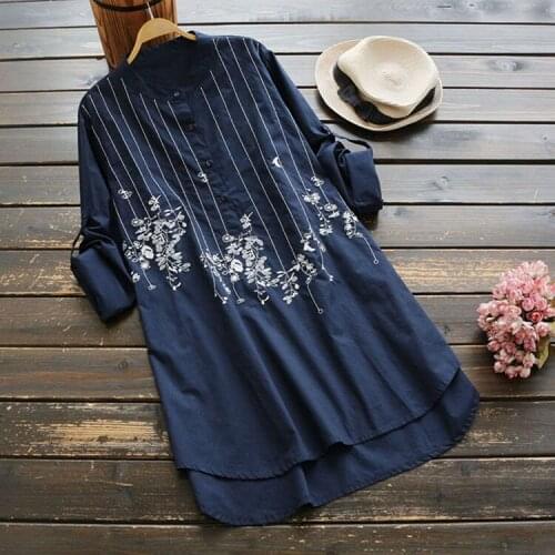 Women Autumn 2020 Stand Collar Pullover Cotton Shirt Literary Japan Style floral Embroidery Blouse Long Sleeve Long Shirt