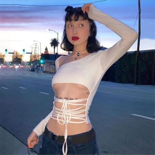 Autumn Women Backless Crop Tops T-shirt Sexy Solid Strapless Long Sleeve Cross Lace-Up Tie Knot Slim Navel Top T-Shirt