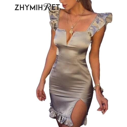 ZHYMIHRET 2018 Summer Side Split Satin Women Dress Sexy Deep V Neck Petal Sleeve Bandage Party Dress Ruffles Vestido Feminino
