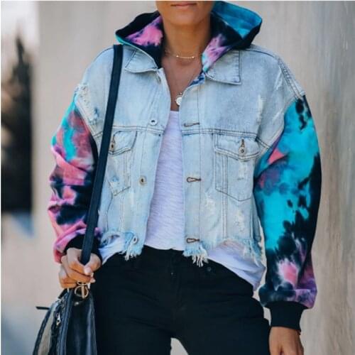 Womens Denim Coat Color Tie-Dye Hole Tassels Womens Cowboy Coat Jacket Denim Jacket Women Coats and jackets