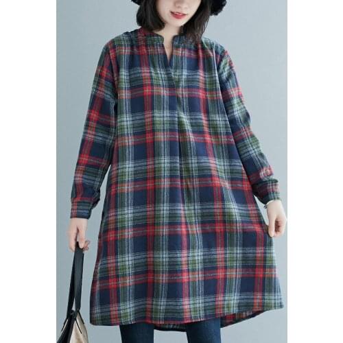 Plaid Dress Women Spring Autumn 2021 New Literary Loose Long Sleeve Knee-length Female Elegant Dress
