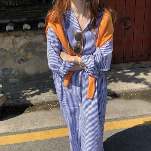 Johnature 2021 Summer New Korean Striped Women Shirt Dresses Casual Turn-down Collar Single-breasted Loose Dress