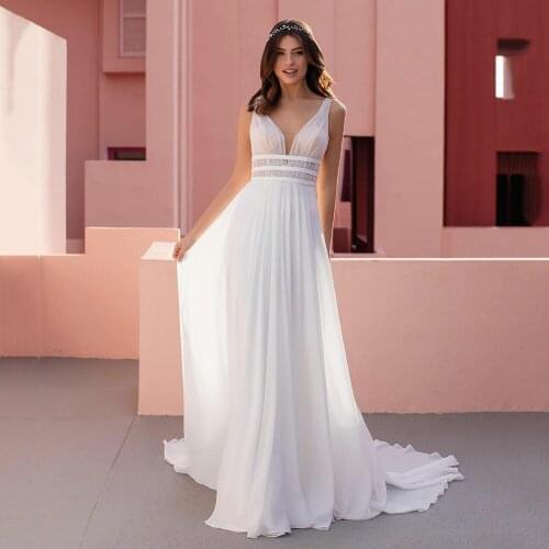 UZN Elegant A Line Lace Chiffon Beach Wedding Dress Sexy Deep V-Neck Illusion Back Bridal Gowns With Buttons Customized
