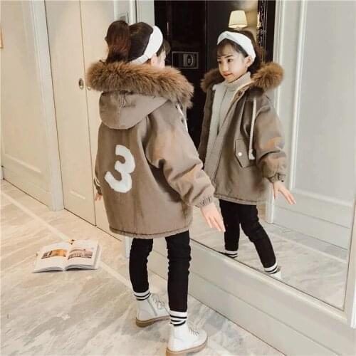 Winter Cotton Girls Jacket New 2021 Korean Version Plus Velvet Thick Pie Overcoming Casual Solid Color Hooded Childrens Clothing