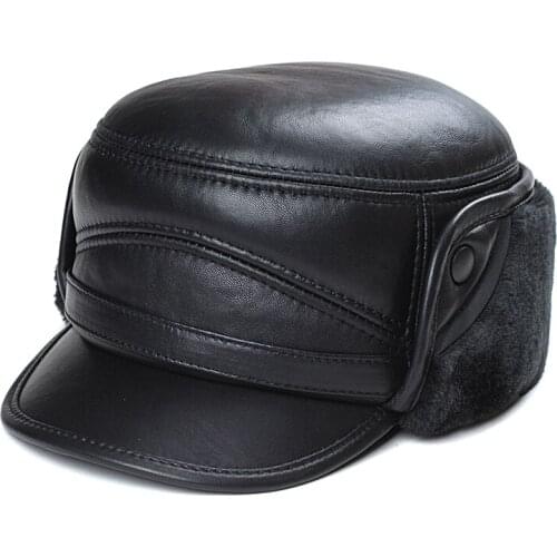 Flat Top Winter Cashmere Mens Sheep Fur Cap Warm Ear Protection Thickened Middle-Aged And Elderly Outdoor Military Hats