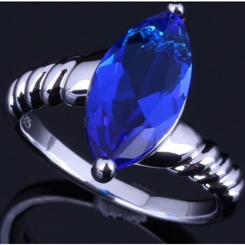 Sparkly Marquise Blue Cubic Zirconia Silver Plated Ring V0673