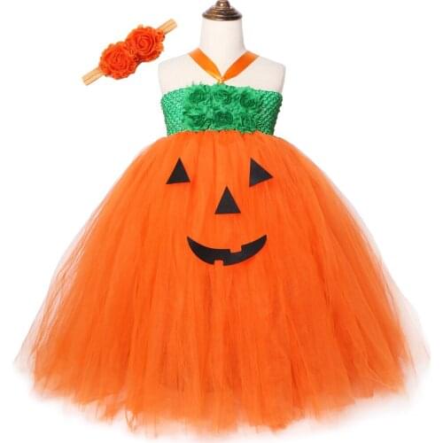 Girls Halloween Pumpkin Tutu Dress with Headband Green Orange Jack O Lantern Kids Girls Halloween Carnival Party Costume Clothes
