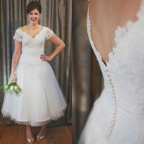 Elegant Short Country Wedding Dresses Sexy V Neck Short Sleeve Tea Length Bridal Gowns Plus Size Custom Made Wedding Dress