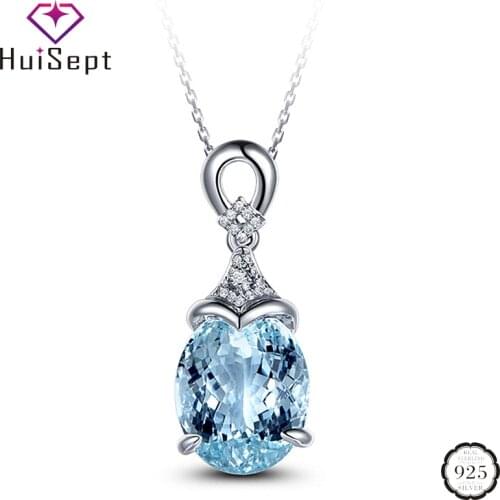HuiSept Fashion Necklace Oval Shape Sapphire Zircon Gemstone Pendant 925 Silver Jewelry Accessories for Women Wedding Engagement