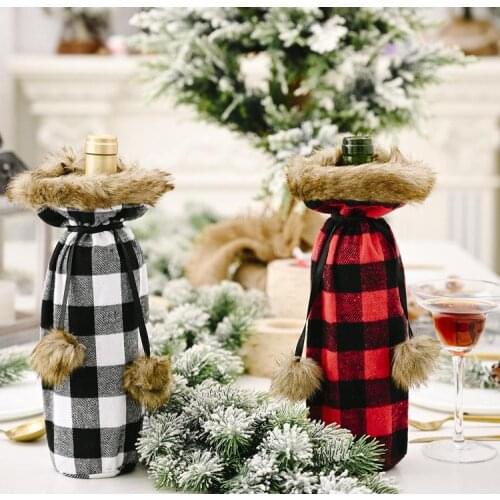 Buffalo Plaid Wine Bottle Cover Decorative Faux Fur Cuff Sweater Wine Bottle Holder Gift Bags Party Ornament SN3124