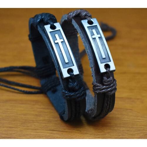 Brown Black Cross Leather Bracelet For Men Women Jesus Christian Religious Adjustable Vintage Jewelry Bracelets & Bangles