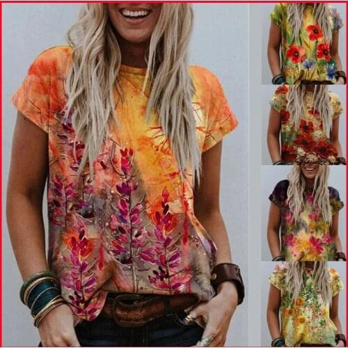 Summer T-Shirt Women Casual Floral Print Streetwear Short Sleeve O-Neck Harajuku Tees Fashion Female Loose Tops
