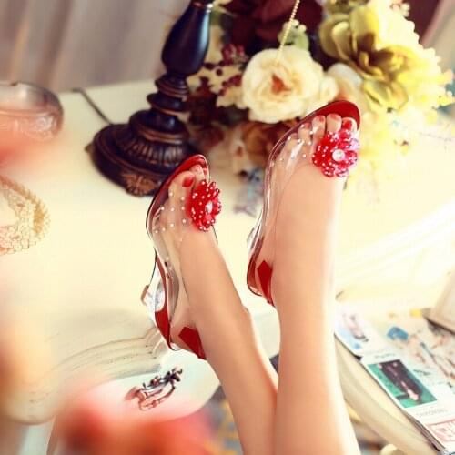 Summer fashion new Korean fish mouth crystal water diamond flower hollow slope heel high heels large