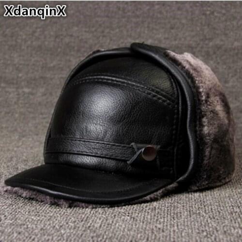 XdanqinX Plus Velvet Thick Fur Genuine Leather Hat Mens Winter Cowhide Leather Warm Bomber Hats With Ears Windproof Dads Cap