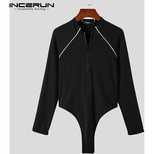 Tops 2021 New Men Striped Jumpsuit Homewear Comfortable Stretch Front Zipper Bodysuit Long Sleeve Triangle Rompers S-5XL INCERUN