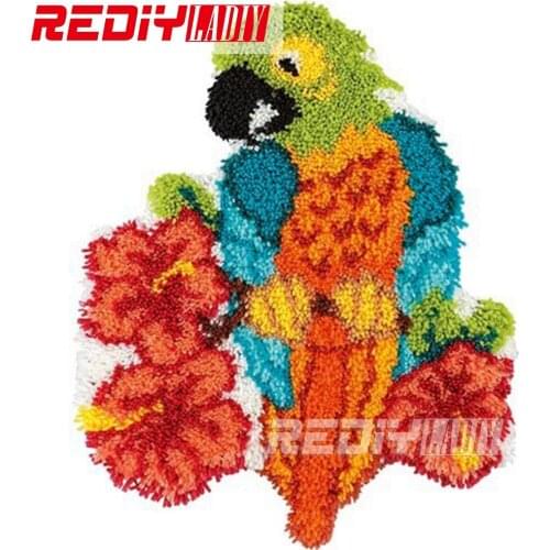 Latch Hook Rug Kits DIY Needlework Unfinished Crocheting Rug Winter Yarn Cushion Mat Parrot Flowers Sets for Embroidery Carpet