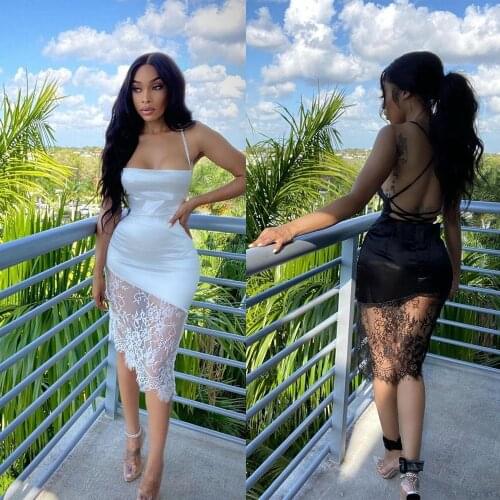 Sexy Lace Sling Knee Satin Dress Women Backless Bandage Dresses Sleeveless Spaghetti Strap Bodycon Sundresses 2021 Summer Dress