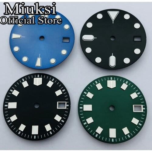 Miuksi 28.5mm black blue green sterile dial super luminous mark watch dial fit NH35 movement for 4 o'clock crown