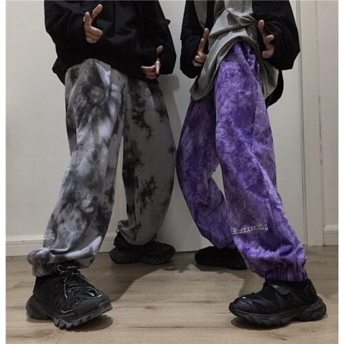Dark Icon Tie Dye Embroidered Loose Pants Men Elastic Waist Hip Hop Mens Pants Man Trousers