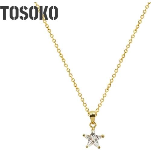 TOSOKO Stainless Steel Jewelry Five pointed star Zircon Pendant Necklace womens sweet clavicle chain BSP983