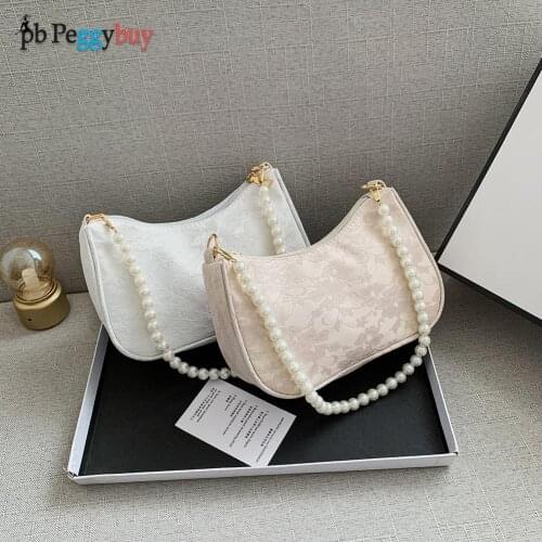 Vintage Women Bag Jacquard Lace Flower Solid Color Pearl Chain Shoulder Underarm Handbag Female Storage Travel Tote