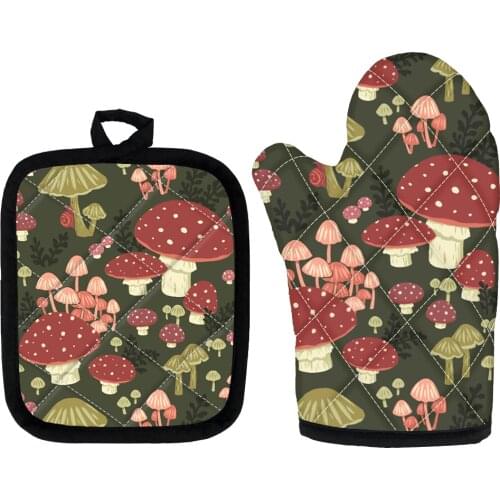 Mushroom Vintage Art Print Oven Mitts and Pot Holders Sets of 2 Heat Resistant Microwave Gloves Hot Pad Polyester Grilling Glove
