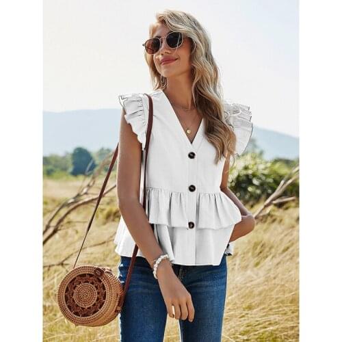 Fashion Solid Sleeveless Shirt Women V-neck Ruffled Vest Blouse Buttons Summer Casual Tee Temperament Lady New Tops Wholesale