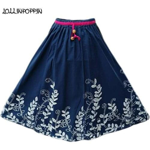Women Leaf & Flowers Printed Long Skirt Cotton Linen Bohemian Skirts Elastic Waist Ladies Blue Vintage Skirts