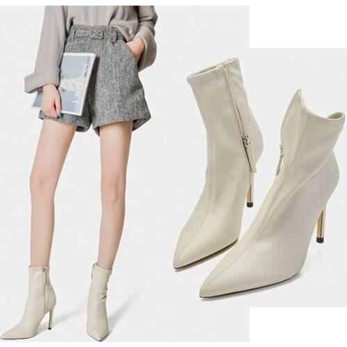 Womens Shoes Spring Autumn Pointed Toe Beige Stretch Thin Boots High Heel fashion Short Mid-tube Boots High Quality 2020 Trend